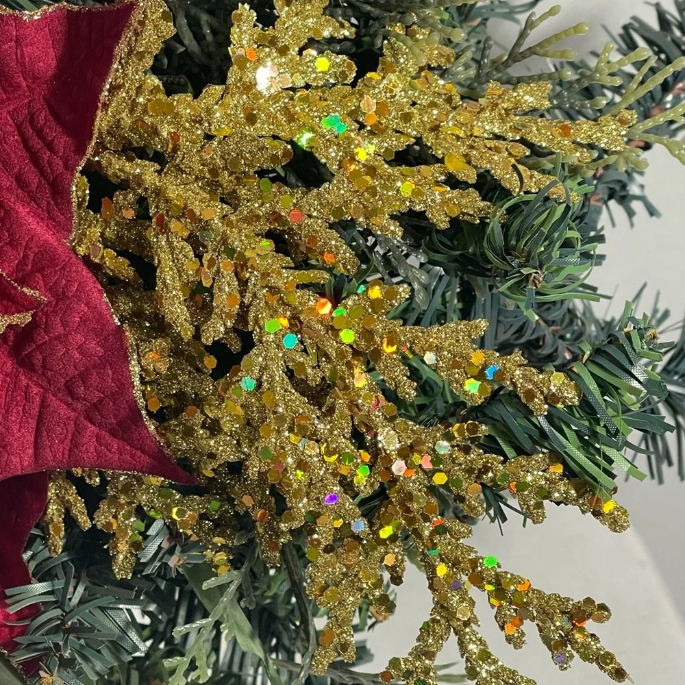 Christmas Wall Swag with Red Poinsettia & Gold Glitter Picks on Green Frame